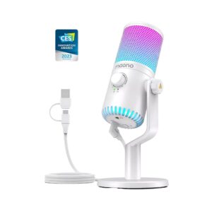 White USB condenser microphone, Maono DM30, with RGB lights and programmable features for professional audio use.