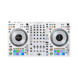 Pioneer DJ DDJ-FLX10 4-deck DJ controller in white, featuring multiple controls and a sleek design for professional DJs.