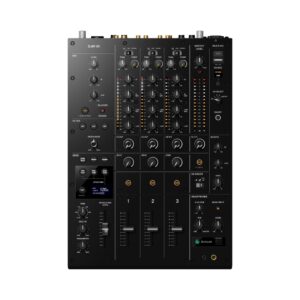 AlphaTheta DJM-V5 black 3-channel professional DJ mixer with sleek design and multiple input options for versatile mixing.