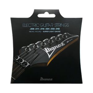 Ibanez IEGS6 Electric Guitar Strings, Super Light Gauge 0.09-0.42, ideal for easy playability and bright tone.