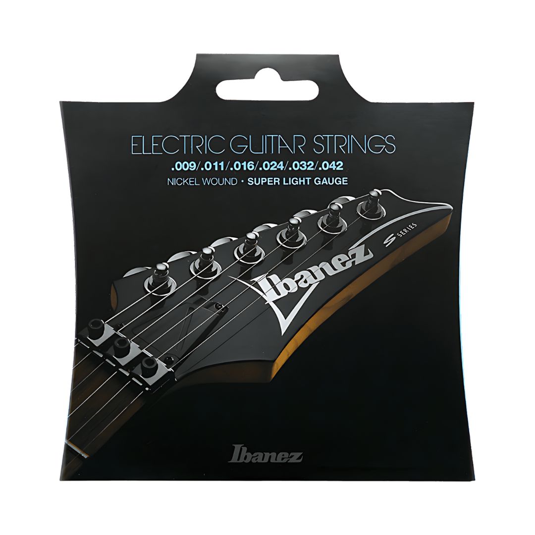 Ibanez IEGS6 Electric Guitar Strings, Super Light Gauge 0.09-0.42, ideal for easy playability and bright tone.