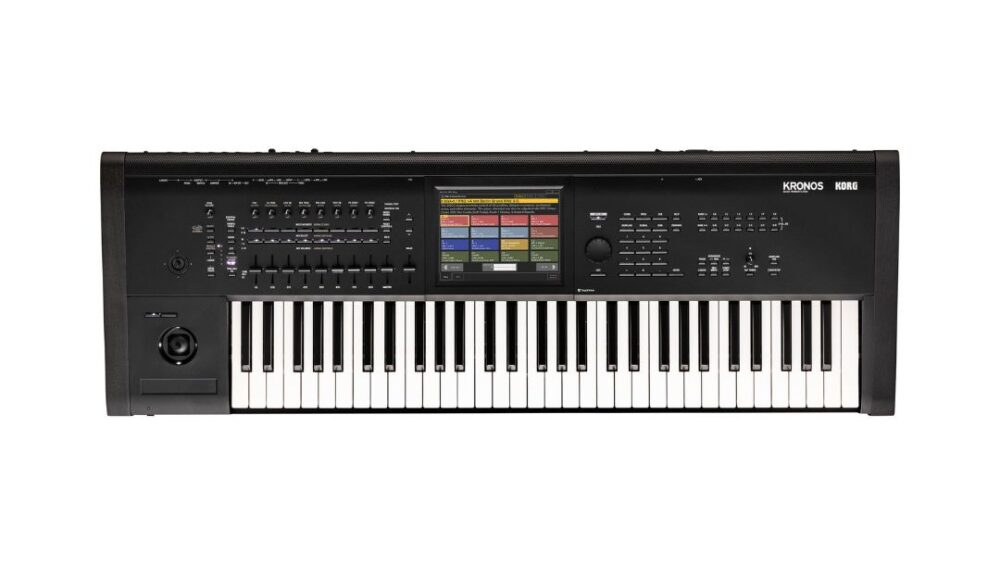 Korg Kronos 3 61-key music workstation featuring a sleek design and advanced sound synthesis capabilities.