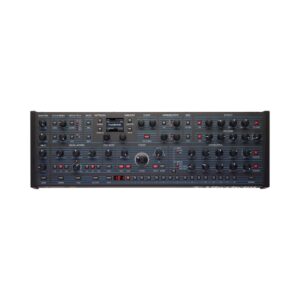 Oberheim TEO-5 desktop analog synthesizer with knobs and sliders for sound modulation, featuring a sleek design.