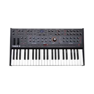 Compact Sequential Take 5 Poly Synthesizer with a sleek design and multiple control knobs for sound manipulation.