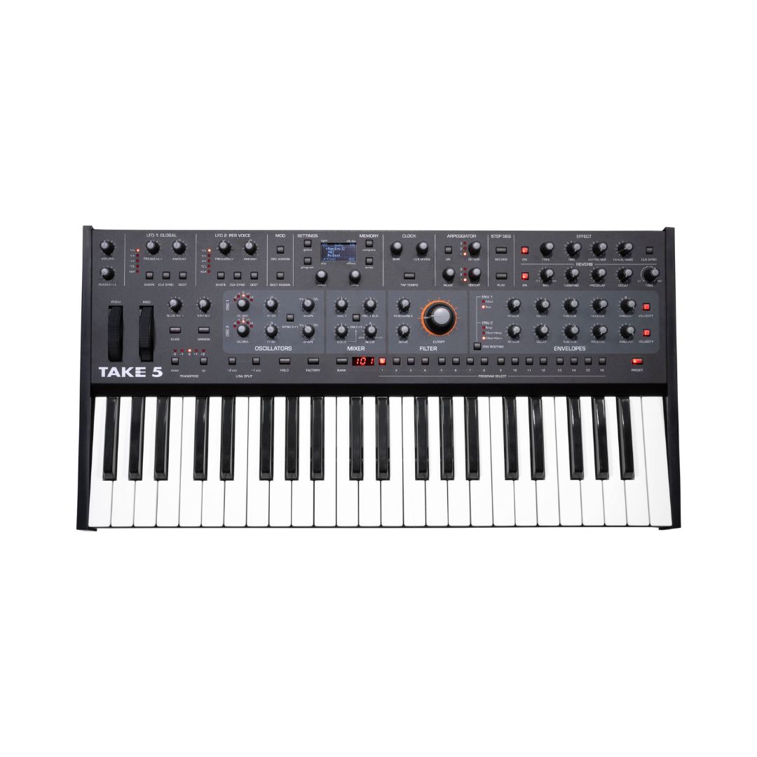 Compact Sequential Take 5 Poly Synthesizer with a sleek design and multiple control knobs for sound manipulation.