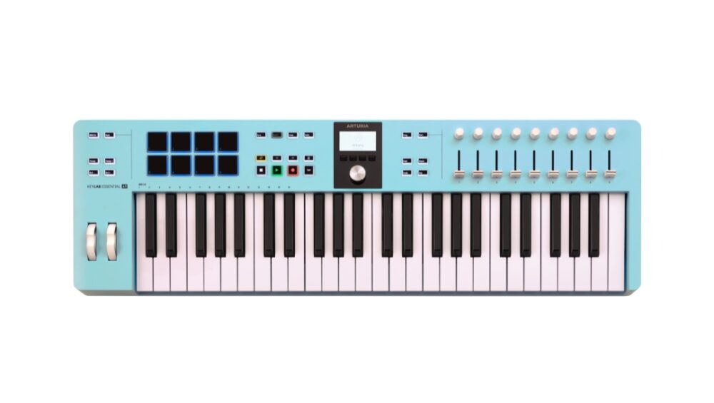 Arturia KeyLab Essential mk3 49-key Aquamarine keyboard controller with various knobs and buttons for music production.