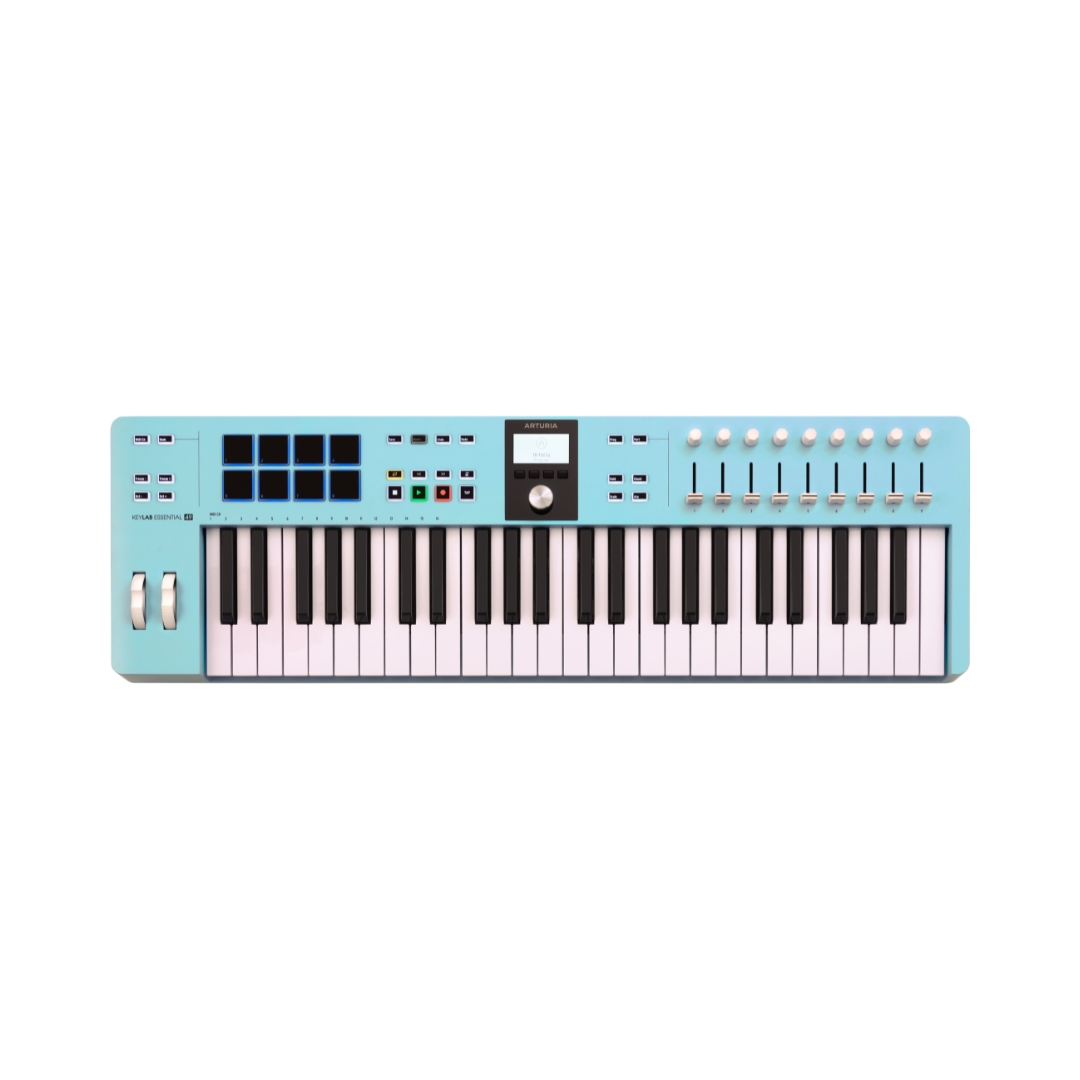 Arturia KeyLab Essential mk3 49-key Aquamarine keyboard controller with various knobs and buttons for music production.