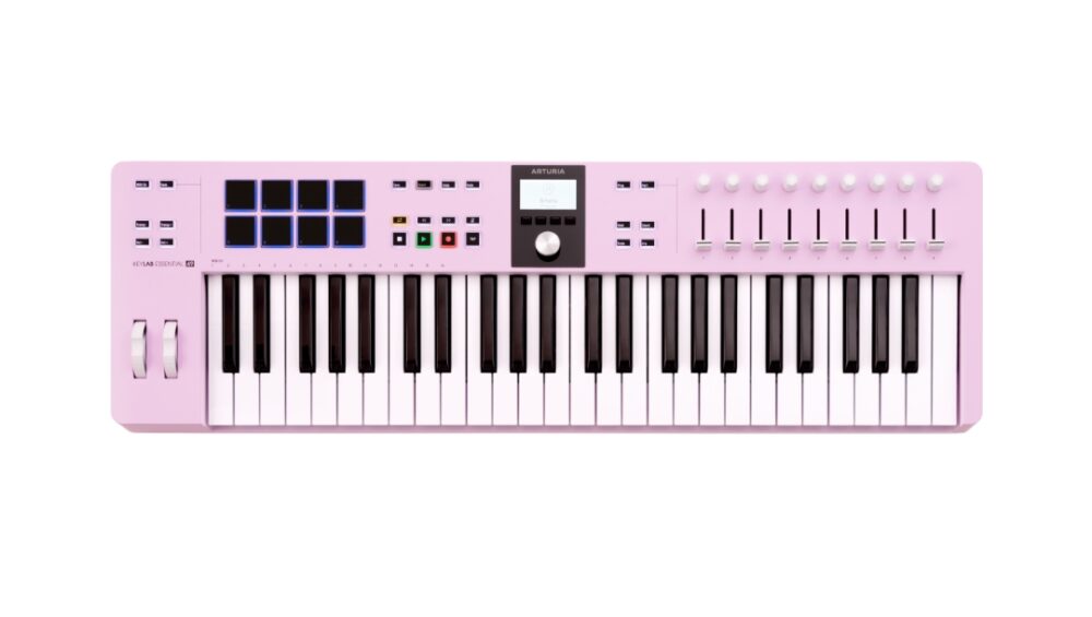 Arturia KeyLab Essential mk3 49-key Rose Quartz keyboard controller with various knobs and buttons for music production.