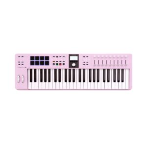 Arturia KeyLab Essential mk3 49-key Rose Quartz keyboard controller with various knobs and buttons for music production.