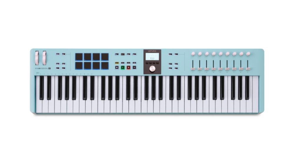 Arturia KeyLab Essential mk3 61-key aquamarine keyboard controller with various knobs and buttons for music production.