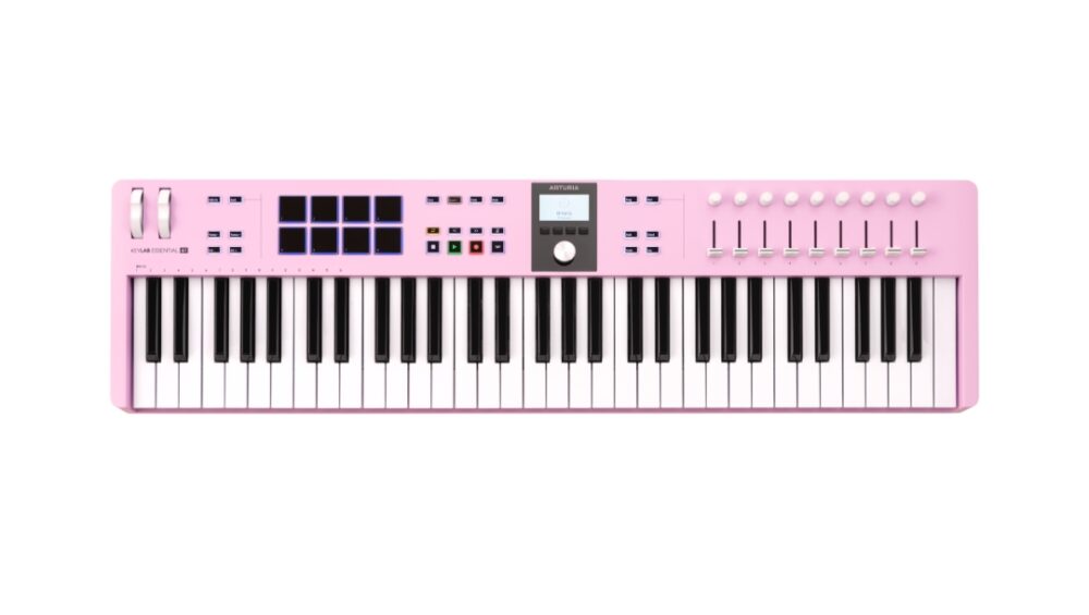 Arturia KeyLab Essential mk3 61-key Rose Quartz keyboard controller with various knobs and buttons for music production.