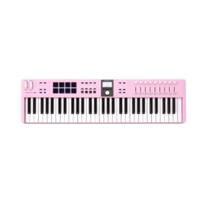 Arturia KeyLab Essential mk3 61-key Rose Quartz keyboard controller with various knobs and buttons for music production.
