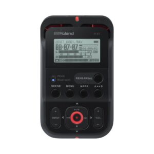 Roland R-07 Portable Audio Recorder in black, designed for high-quality audio capture on the go.