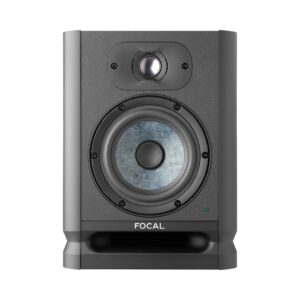 Focal Alpha 50 Evo studio monitor, a sleek black speaker designed for high-quality nearfield audio performance.