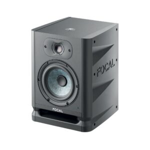 Focal Alpha 50 Evo studio monitor, a sleek black speaker designed for high-quality nearfield audio performance.
