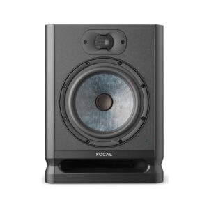 Focal Alpha 80 studio monitor, a sleek black speaker designed for professional audio production and nearfield listening.