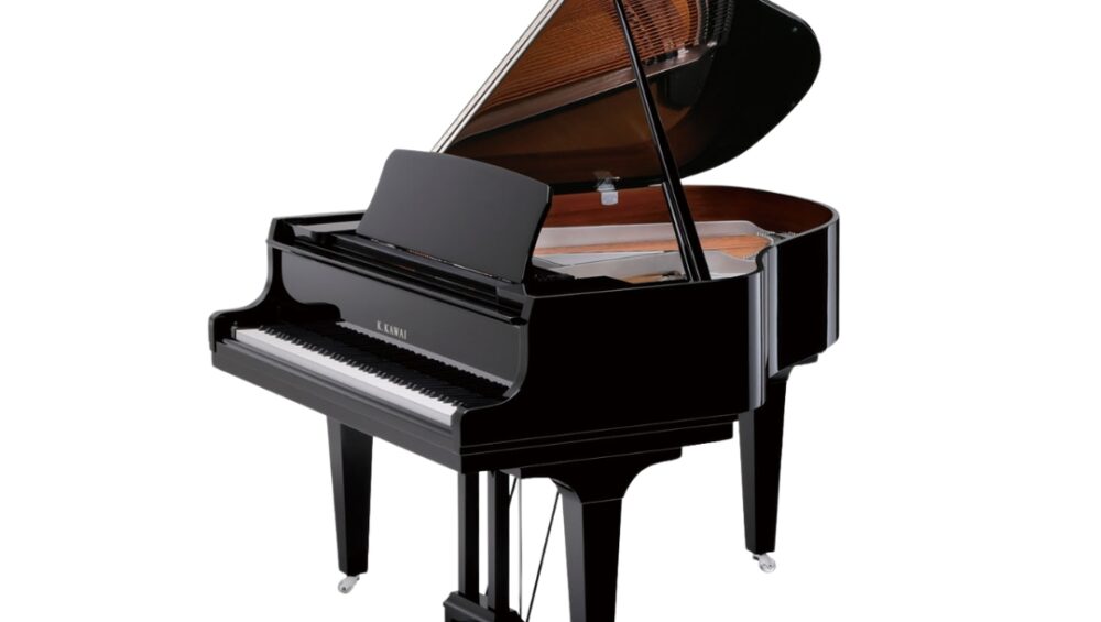 KAWAI GL-10 ebony polish grand piano with matching bench, showcasing a sleek design and elegant finish.