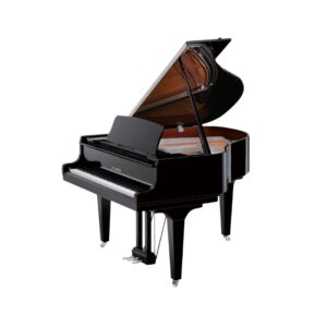KAWAI GL-10 ebony polish grand piano with matching bench, showcasing a sleek design and elegant finish.