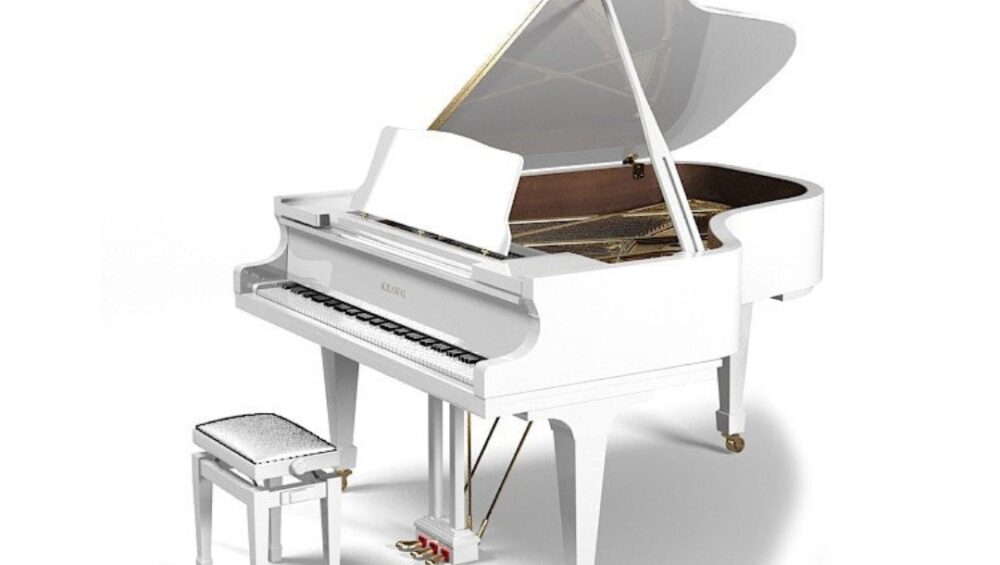 KAWAI GL-20 white polished grand piano with matching bench, showcasing elegant design and craftsmanship.