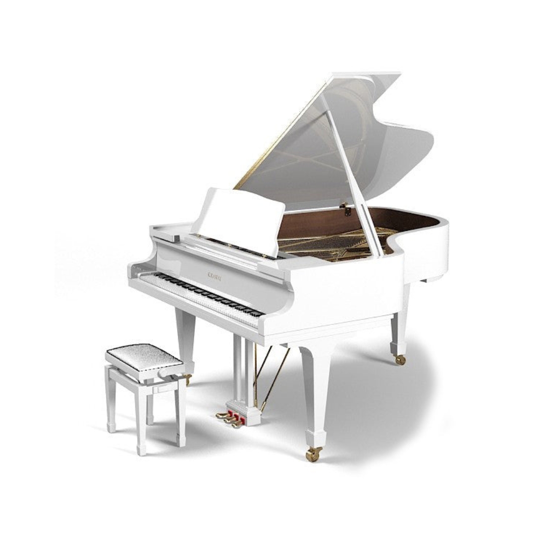 KAWAI GL-20 white polished grand piano with matching bench, showcasing elegant design and craftsmanship.