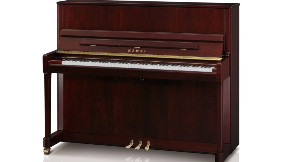 KAWAI ND-21 upright piano in ebony polish, accompanied by a matching bench, showcasing elegant design and craftsmanship.