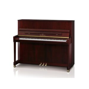 KAWAI ND-21 upright piano in ebony polish, accompanied by a matching bench, showcasing elegant design and craftsmanship.