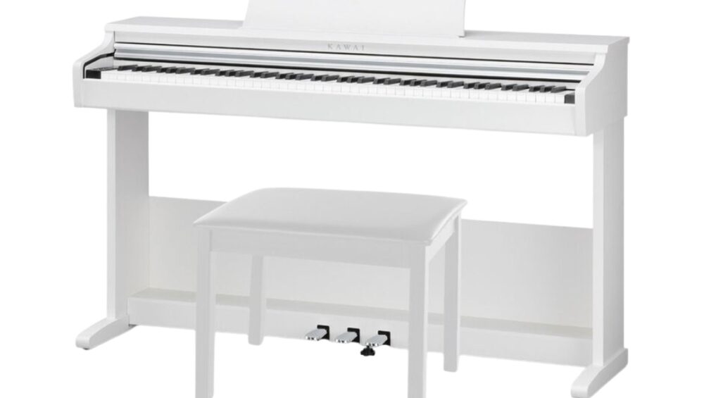 White KAWAI KDP-75 digital piano accompanied by a bench, featuring a contemporary aesthetic ideal for home use.