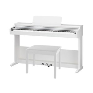 White KAWAI KDP-75 digital piano accompanied by a bench, featuring a contemporary aesthetic ideal for home use.