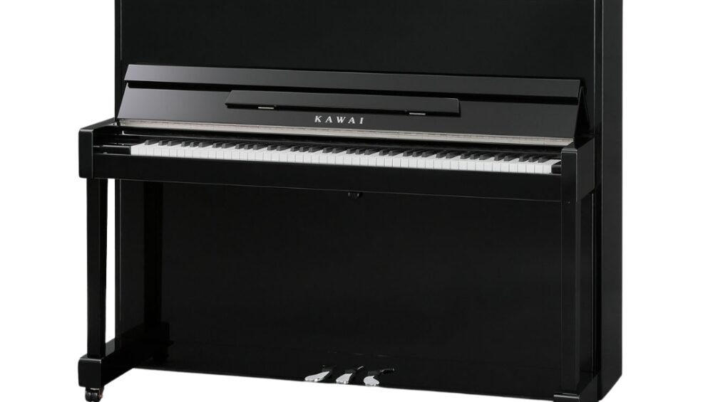 KAWAI ND-21 upright piano in ebony polish, accompanied by a matching bench, showcasing elegant design and craftsmanship.
