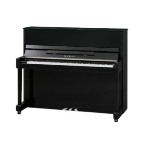 KAWAI ND-21 upright piano in ebony polish, accompanied by a matching bench, showcasing elegant design and craftsmanship.