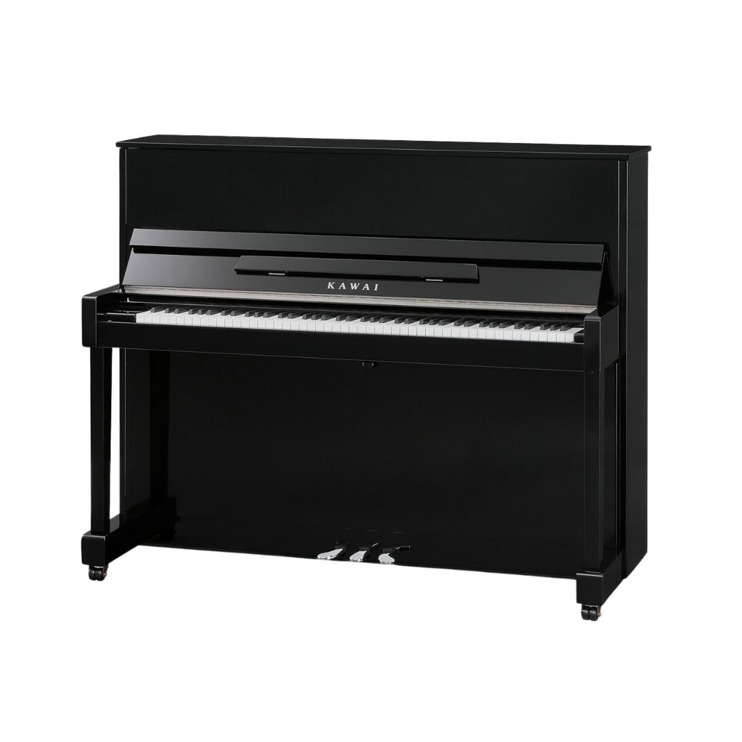 KAWAI ND-21 upright piano in ebony polish, accompanied by a matching bench, showcasing elegant design and craftsmanship.