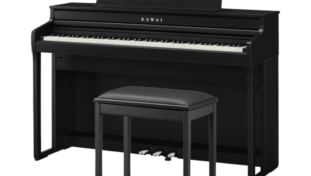 Kawai CA-401 digital piano in black with hammer-action keys, showcasing a sleek and modern design for musicians.