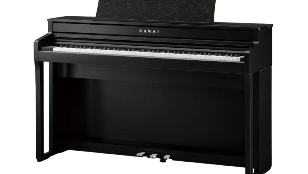 Kawai CA-59 black digital piano featuring hammer-action keys, designed for an authentic playing experience.