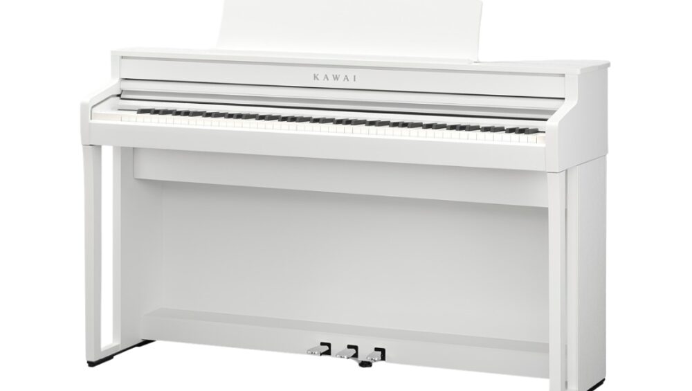 White Kawai CA-59 digital piano featuring realistic hammer-action wooden keys for an authentic playing experience.