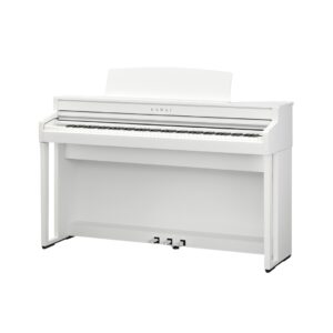 White Kawai CA-59 digital piano featuring realistic hammer-action wooden keys for an authentic playing experience.