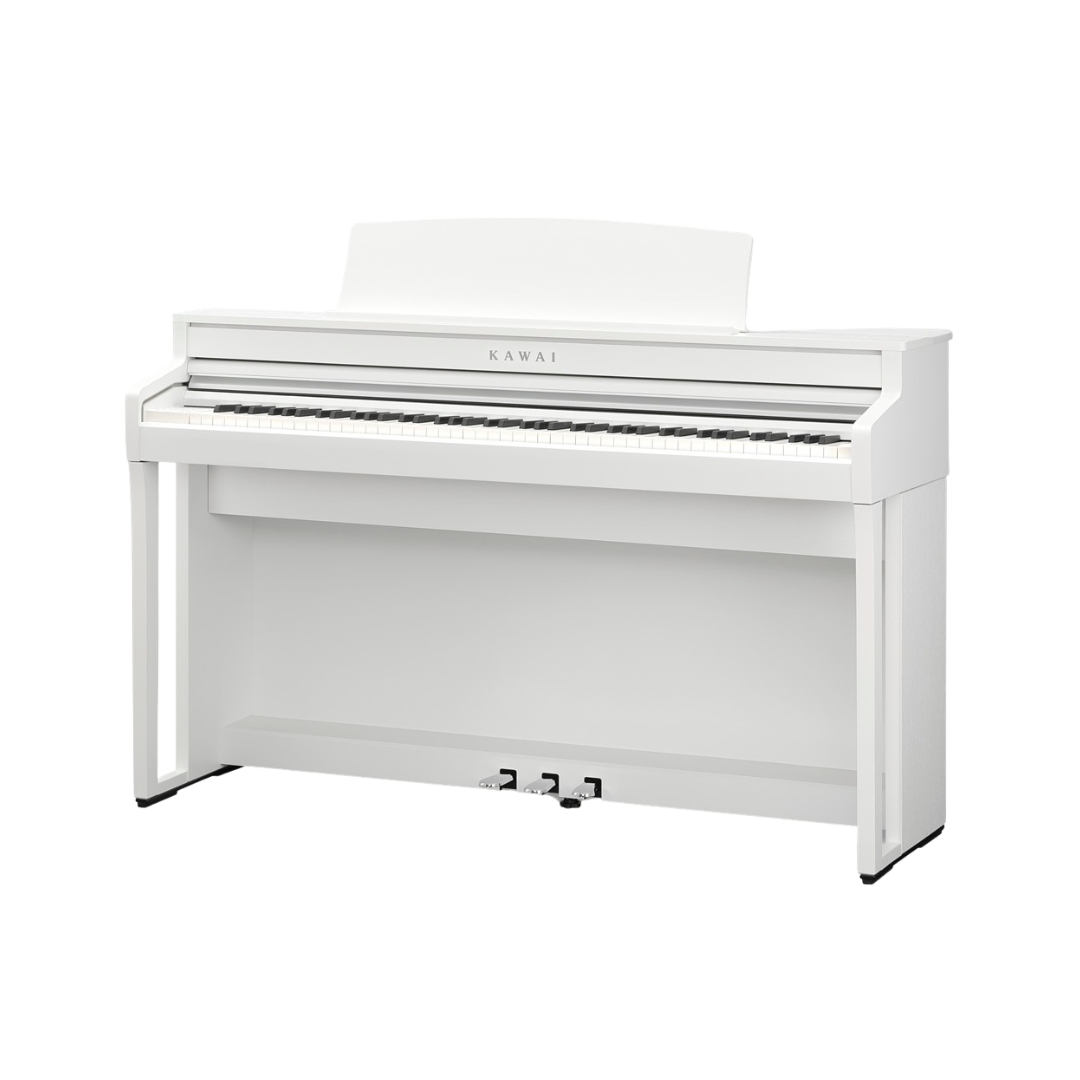 White Kawai CA-59 digital piano featuring realistic hammer-action wooden keys for an authentic playing experience.