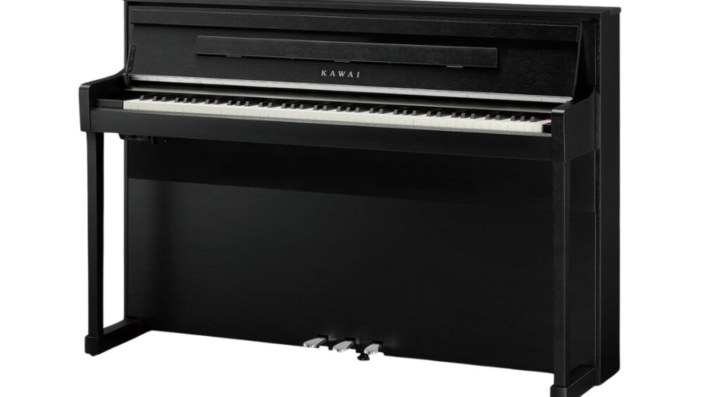 Kawai CA-901 digital piano with hammer-action wooden keys, finished in sleek black, showcasing elegant design and functionality.