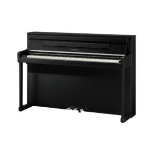 Kawai CA-901 digital piano with hammer-action wooden keys, finished in sleek black, showcasing elegant design and functionality.