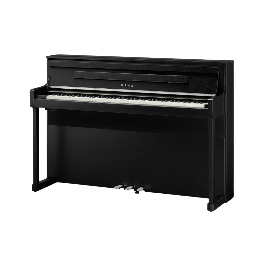 Kawai CA-901 digital piano with hammer-action wooden keys, finished in sleek black, showcasing elegant design and functionality.