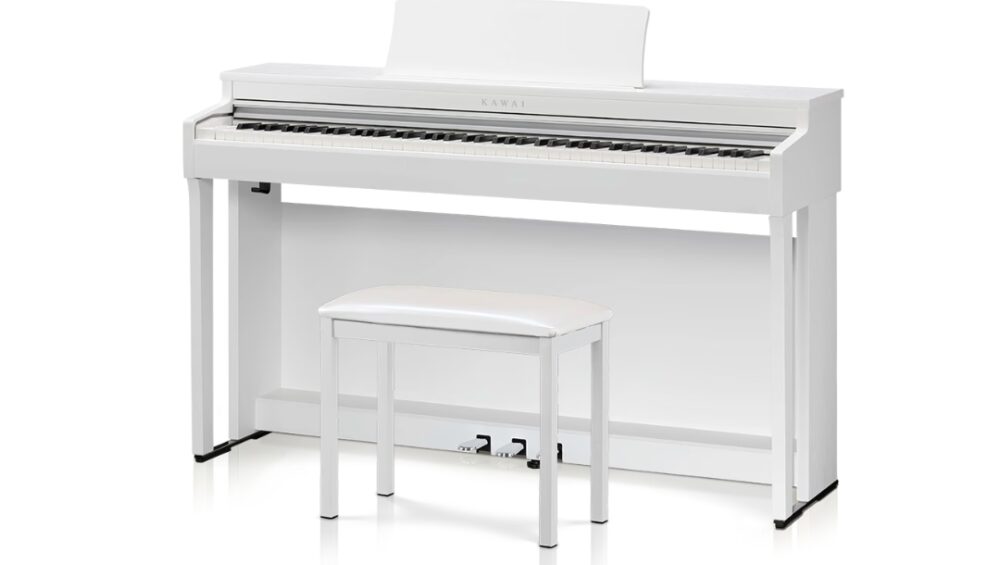 Kawai CN-201 white digital piano with hammer action, accompanied by a matching bench for comfortable playing.