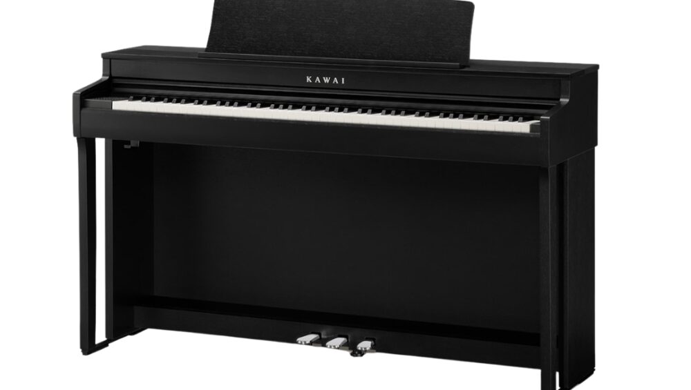 Kawai CN-301 black digital piano with hammer-action keys, accompanied by a matching bench for comfortable playing.