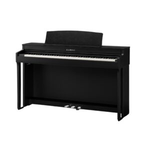 Kawai CN-301 black digital piano with hammer-action keys, accompanied by a matching bench for comfortable playing.