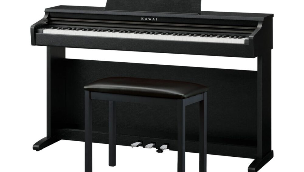 Kawai KDP-120 black digital piano with hammer action, accompanied by a matching bench for comfortable playing.
