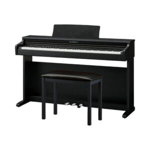 Kawai KDP-120 black digital piano with hammer action, accompanied by a matching bench for comfortable playing.