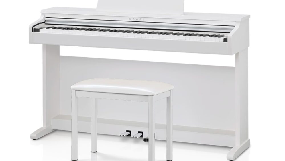 Kawai KDP-120 white digital piano with hammer action, accompanied by a matching bench for comfortable playing.