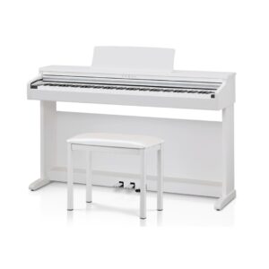 Kawai KDP-120 white digital piano with hammer action, accompanied by a matching bench for comfortable playing.
