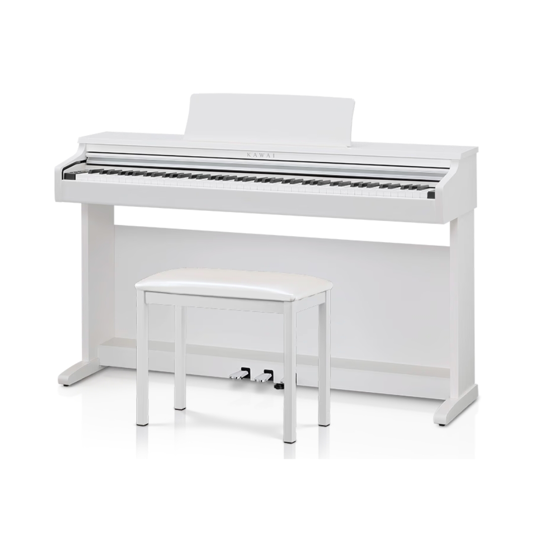 Kawai KDP-120 white digital piano with hammer action, accompanied by a matching bench for comfortable playing.