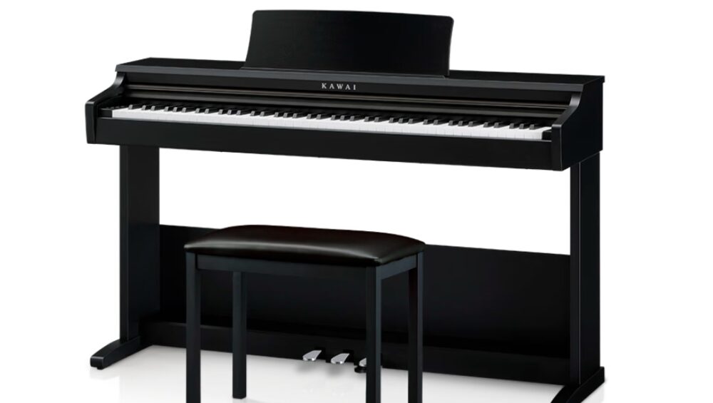 Kawai KDP-75 digital piano in black with hammer-action keys, showcasing a sleek and modern design for musicians.