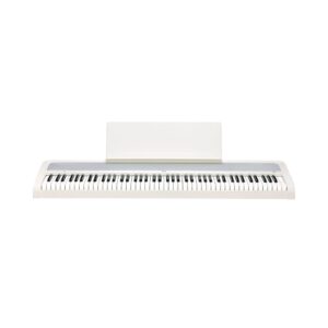 Elegant white Korg B2+ digital piano equipped with 88 hammer action keys for realistic touch and sound.