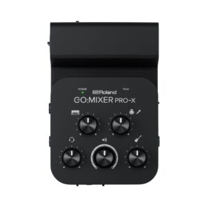 Compact audio mixer for smartphones, with various input and output options for enhanced mobile audio recording and production.